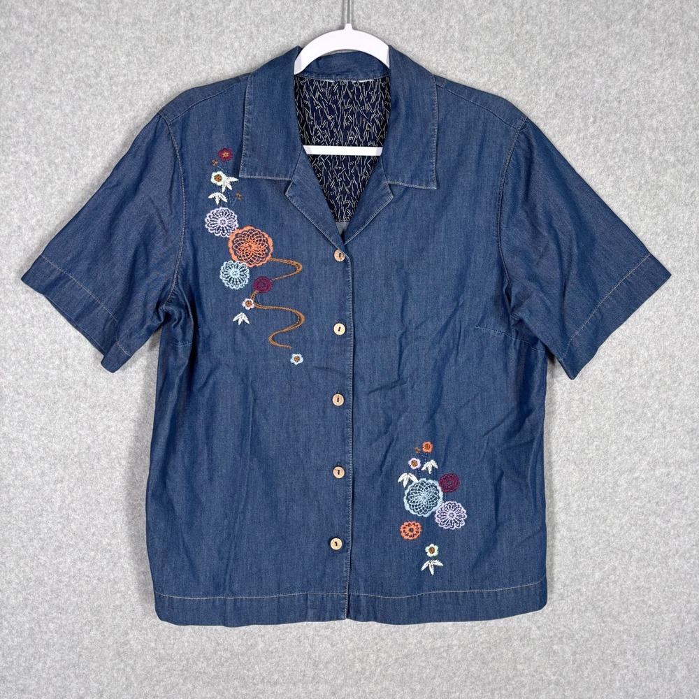 Embroidered Chambray Denim‎ Shirt Large Floral Redone Upcycled Grandma Cottage